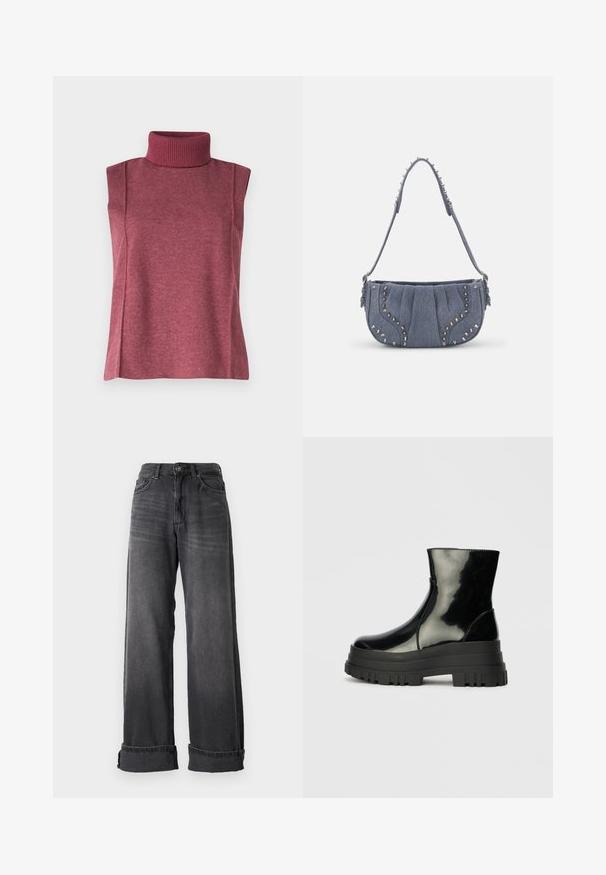 Bez piedurknēm, augsta apkakle, bordo adīts tops, kas iezīmē augstu ribotu apkakli un sānu šuves, kas nodrošina struktūru un pielāgojumu.; Platas kājas džinsi tumši pelēkā denma, ar augstu jostu, piecām kabatām un apveltajām piedurknēm, lai pievienotu detaļas. Gluda tekstūra ar smalkiem izbalējumiem.; Melnas spīdīgas potītes zābaki ar biezu zoli un noapaļotu purngalu, sānu skats uz vienkārša gaiši pelēka fona.; Denim plecu soma ar krokotas dizainu, zilas krāsas, ar sudraba kniedēm gar malām un teksturētu siksnu.