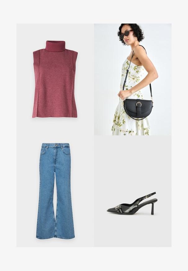 Bordo spalvos berankovė megztinė su aukštu raukšlėtu kaklu ir šoniniais siūlais, užtikrinančiais struktūrą ir prigludimą.; Šviesiai mėlynos flared džinsai, pagaminti iš džinsinio audinio, su aukštu liemeniu, penkiomis kišenėmis ir vienu mygtuko užsegimu. Minkštas paviršius su išblukusiu efektu.; Juodas lakuotas odinis batelis su smailiu pirštu, kulkšnies dirželiais su sidabrinėmis sagtimis ir detalėmis, bei plonu kulnu.; Juodas odinis krepšys su išlenkta forma, nuimamu dirželiu ir auksiniais detalėmis. Krepšys turi kilpą su sagtimi.