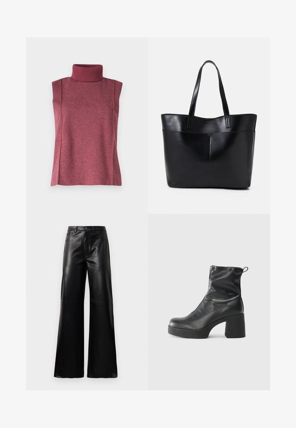 Sleeveless turtleneck top in burgundy knit fabric, featuring a high ribbed neckline and side seams for structure and fit.; Black high-waist wide-leg faux leather pants with front button, zip closure, belt loops, and side pockets on white background.; Black ankle boots made of smooth leather, featuring a side zipper, chunky textured heel, and rounded toe design.; Black leather tote bag with two long handles, a smooth texture, and a structured shape. Features a front pocket for additional storage.