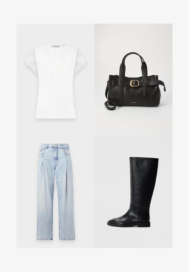 Fehér póló rövid ujjakkal, amelyet bonyolult csipkebetétek díszítenek az ujjaknál, kerek nyakkivágással és testhez simuló szabással.; Világoskék farmernadrág magas derekú, bő szabású, két oldalsó zsebbel és pliszírozott dizájnnal. Puha tapintású, elhalványított felület.; Fekete bőrből készült, térd fölé érő csizma, lekerekített orral, sima felülettel, minimalista dizájnnal és lapos talppal. Egyszerű varrási részletek a szárán.; Fekete bőr kézitáska, amely strukturált kialakítással rendelkezik, dupla felső fogantyúval, arany tónusú csattal és a márka dombornyomott logójával az elején.