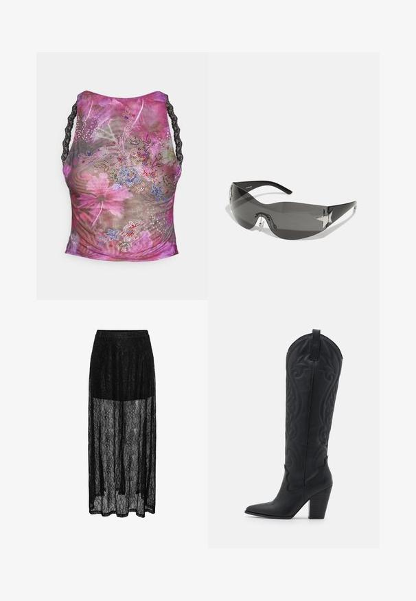 Top sin mangas de malla floral en tonos de rosa, púrpura y verde. Presenta tirantes de encaje negro y adornos de strass coloridos en la parte frontal.; Falda maxi de encaje negro con una capa transparente, con un patrón floral y una cintura elástica para mayor comodidad. Silueta larga y fluida.; Zign Botas camperas - black; Gafas de sol negras con diseño envolvente, lentes oscuros, acentos brillantes en forma de estrella y almohadillas nasales ajustables.; Bolso de hombro de cuero negro con un acabado texturizado, que cuenta con un acento de cadena, una correa ajustable y detalles en hardware plateado.