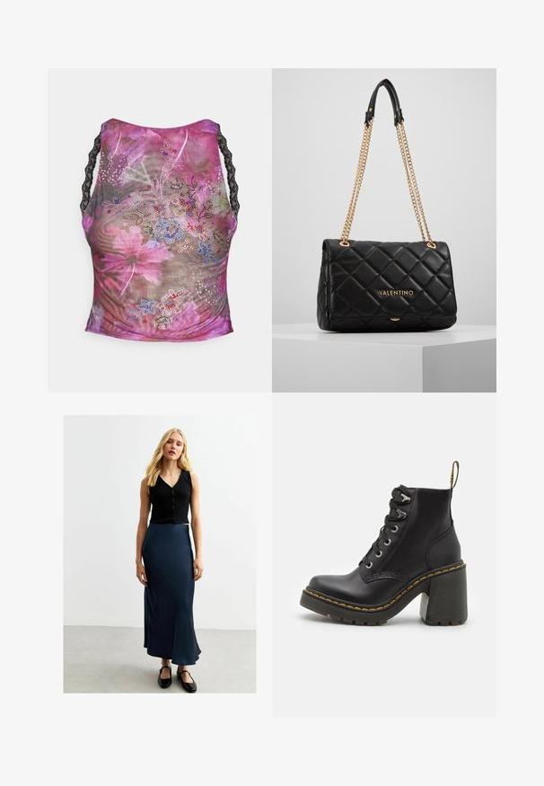 Bloemige mesh tanktop in roze, paars en groene tinten. Heeft zwarte kanten bandjes en kleurrijke strasstenen versieringen aan de voorkant.; Zwarte geribbelde knoop Crop Top en een marineblauwe satijnen maxi-rok. De rok heeft een gladde glans en een uitlopende zoom, gecombineerd met zwarte platte schoenen.; Zwarte leren enkelboot met een dikke hoge hak, vetersluiting aan de voorkant, metalen oogjes en gele stiksels langs de zool. Getextureerde rubberen zool.; Zwarte gewatteerde leren handtas met een gouden kettingband en logo-detail. Rechthoekige vorm, zachte textuur, met een klep sluiting.