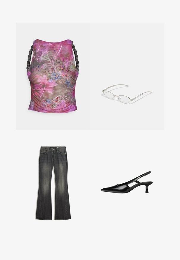 Cvetna mrežasta majica brez rokavov v roza, vijoličnih in zelenih odtenkih. Ima črne čipkaste naramnice in barvite rhinestones okraske na sprednji strani.; Pasastovne temno modre kavbojke z rahlo bledilom, pet žepov in kontrastnim šivom, s standardnim gumbom in zadrgo.; Črne patentični usnjeni salonarji s slingback designom, z zašiljenim nosom, izrezanim stranskim dizajnom in majhnim kvadratnim peto. Gladka tekstura z minimalnimi detajli.; Ovalna očala s kovinsko srebrnim okvirjem, prozornimi lečami in teksturiranimi perlastimi detajli na stenah. Lahka zasnova z ukrivljenimi ročaji.