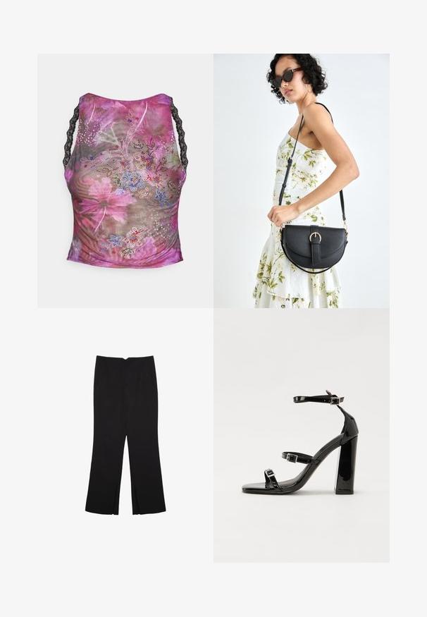 Kwiatowy top na ramiączkach z siatki w odcieniach różu, fioletu i zieleni. Posiada czarne koronkowe ramiączka oraz kolorowe kamienie ozdobne z przodu.; Czarne spodnie o prostym kroju, z przednimi kieszeniami i bocznymi rozcięciami na dole. Wykonane z miękkiego, gładkiego materiału. Odpowiednie na różne okazje.; Czarne lakierowane sandały na obcasie z kwadratowym noskiem, z paskami wokół kostki i srebrnymi klamrami. Posiadają masywny słupek dla stabilności.; Czarna skórzana torebka o zakrzywionym kształcie, z odpinanym paskiem i złotymi akcentami. Torebka posiada klapę z zapięciem w kształcie klamry.