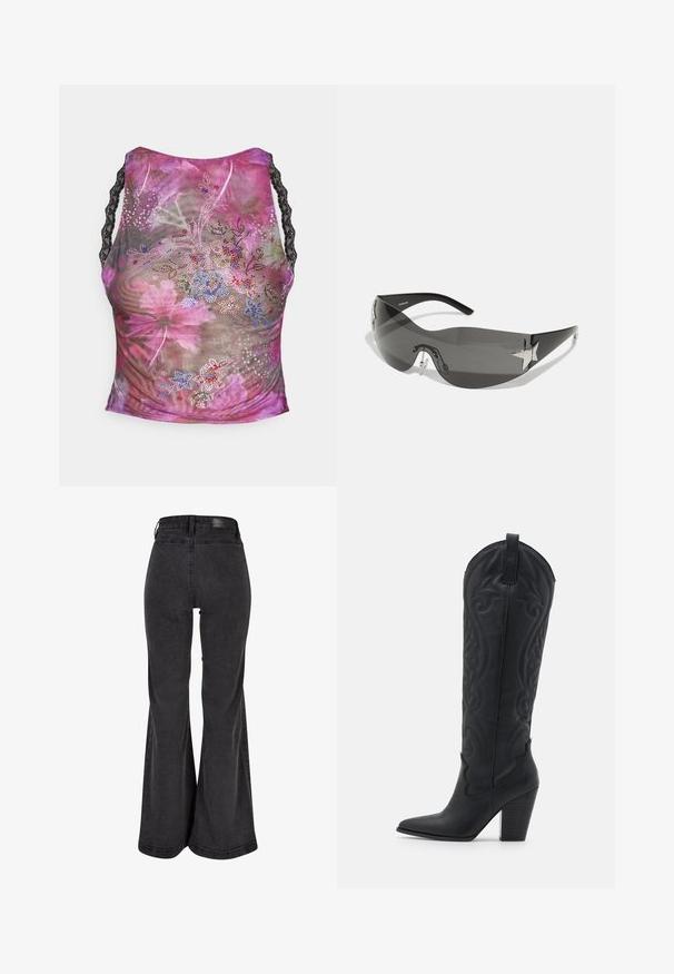 Floral mesh tank top with pink, purple, and green hues. Features black lace straps and colorful rhinestone embellishments on the front.; Black flared jeans with a smooth texture, high waist, and a branded patch on the back. Features a wide leg design, reinforced stitching.; Zign Cowboy/Biker boots - black; Black sunglasses with a wrap-around design, dark tinted lenses, shiny star-shaped accents, and adjustable nose pads.; Black leather shoulder bag with a textured finish, featuring a chain accent, adjustable strap, and silver hardware details.