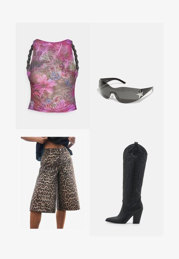 Lille lilleline, millel on roosad, lillad ja rohelised toonid. Mustad pitsist rihmad ja esiosal värvilised säravad kivid.; Leopardimustriga denim lühikesed püksid, millel on lõtv istuvus, keskmise kõrgusega vöökoht, struktureeritud õmblused ja laia jalaga disain. Kangas on pehme tekstuuriga.; Zign Kauboi-/mootorrattasaapad - black; Mustad musta värvi prillid, millel on ümberringi kujundus, tumedad toniseeritud objektiivid, läikivad tähekujulised aktsendid ja reguleeritavad ninapatjad.; Must kandekott, millel on tekstuuriga pind, ketiga aksent, reguleeritav rihm ja hõbedased detailid.