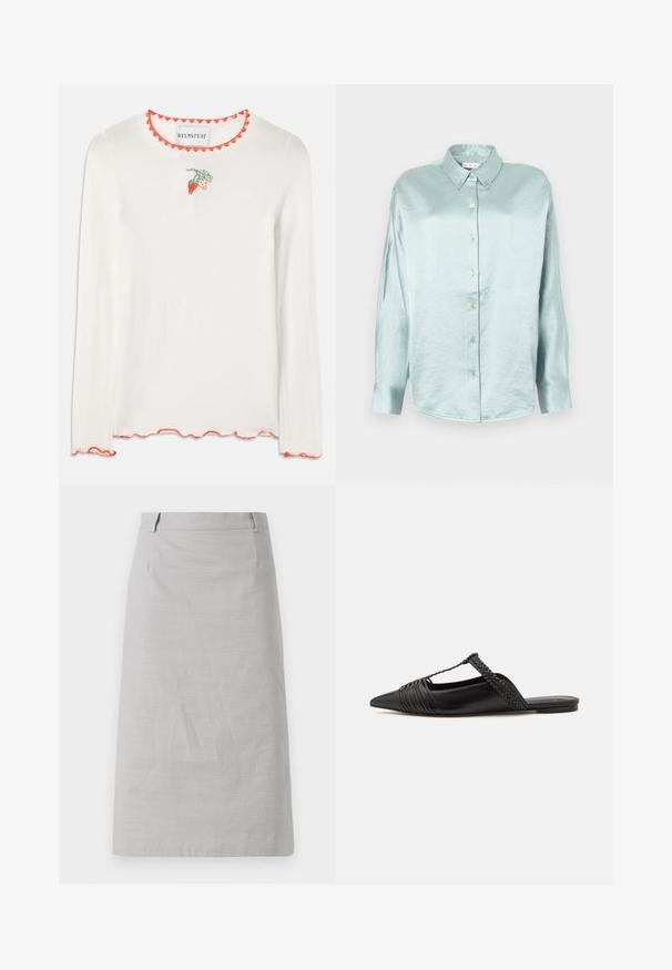 Balta ilgomis rankovėmis marškiniai su raudonu kraštu. Priekyje yra maža žaliai-raudona braškių siuvinėjimo detalė.; Šviesiai mėlyna marškinėlių striukė, pagaminta iš blizgaus, minkšto audinio; turi apykaklę, ilgomis rankovėmis ir suapvalintais kraštais, atrodo laisvai.; Pilka pieštuko sijonas su lygiu paviršiumi, priderinta forma ir plokščiu juosmeniu, turintis šoninius siūlus ir be matomų raštų ar akcentų.; Juodos odinės slingback bateliai su smailiu pirštu, turintys audinį akcentą ir raukšlėtą viršutinį dizainą. Lygus padas su minimaliais aksesuarais.