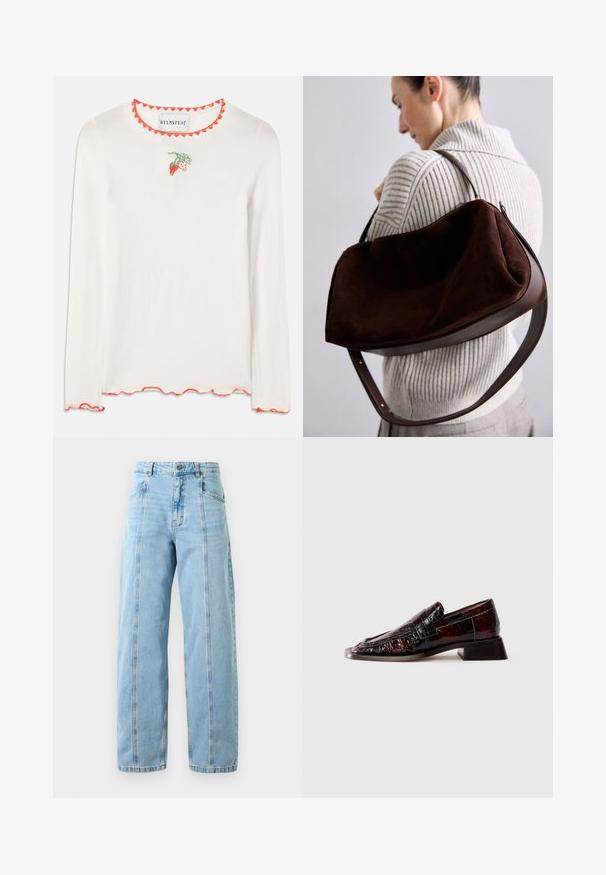 White long-sleeve shirt with a scalloped red neckline. Features a small green and red strawberry embroidery on the front.; Light blue high-waist straight-leg jeans with front seams, side pockets, belt loops, and a metal button closure.; Dark burgundy patent leather loafer with textured finish, low block heel, and classic penny strap detailing, shown from the side.; Brown suede hobo bag with a curved leather strap, featuring a zip closure and smooth finish. The bag has a spacious, structured shape.