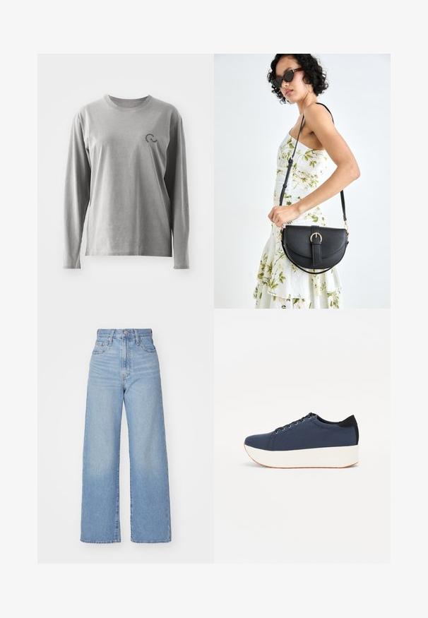 Garā piedurkne pelēka kokvilnas krekls ar apaļu dekoltē un mazu melnu logo detaļu kreisajā krūtī. Mīksta tekstūra, ikdienišķs griezums.; Gaiši zili augstās jostas vidukļa platās bikses ar priekšējo pogu un rāvējslēdzēju, priekšējām un aizmugurējām kabatām uz baltā fona.; Navy zilo apavi ar strukturētu auduma augšdaļu, baltu platformas zoli, noapaļotu pirkstu daļu un melnu papēža akcentu. Iekļautas sešas acs caurumi šnuķēšanai.; Melnas ādas rokassoma ar izliekta formu, noņemamu siksnu un zelta aksesuāriem. Somai ir vāciņš ar sprādzes detaļu.