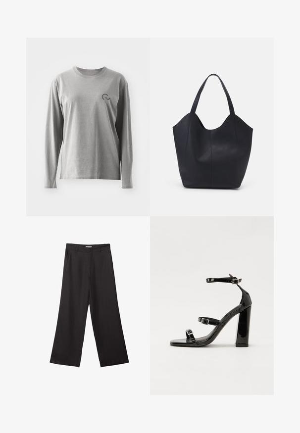 Szara bawełniana koszula z długim rękawem, okrągłym dekoltem i małym czarnym logo po lewej stronie klatki piersiowej. Miękka tekstura, swobodny krój.; Czarne spodnie z szerokimi nogawkami, wykonane z gładkiego materiału, z przednim zamkiem błyskawicznym i dwoma bocznymi kieszeniami, o dopasowanym kroju i minimalistycznym wzornictwie.; Czarne lakierowane sandały na obcasie z kwadratowym noskiem, z paskami wokół kostki i srebrnymi klamrami. Posiadają masywny słupek dla stabilności.; Czarna torba na ramię wykonana z gładkiej skóry, z zaokrąglonym, otwartym topem i dwoma paskami na ramię oraz minimalistycznym designem.