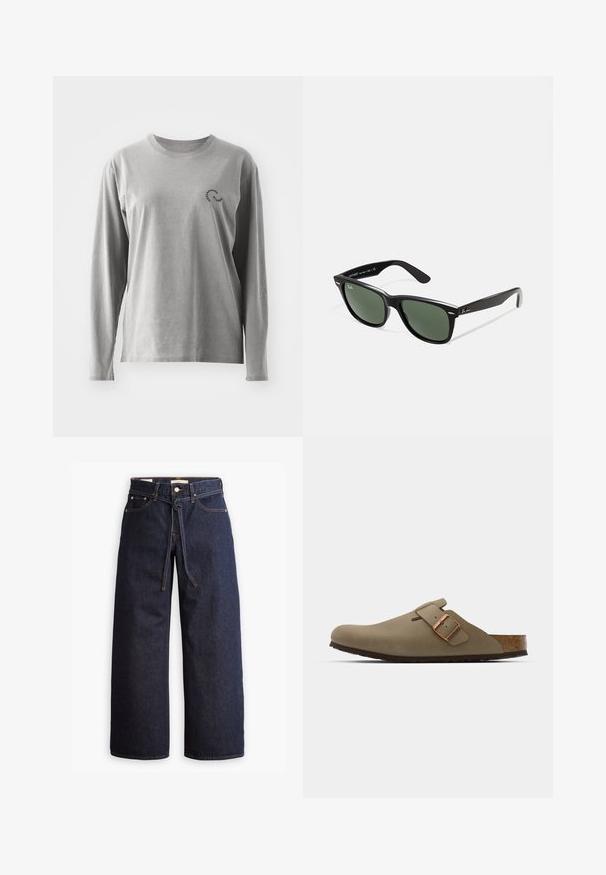 Langärmliges graues Baumwollhemd mit Rundhalsausschnitt und kleinem schwarzen Logodetail auf der linken Brust. Weicher Stoff, lässige Passform.; Weite, dunkelblaue Jeans aus Denim mit hoher Taille, ausgestattet mit einem Kordelzug, fünf Taschen und kontrastierenden Nähdetails.; Braune Clogs mit einer glatten, matten Oberfläche. Besitzt eine auffällige bronzefarbene Schnalle an der Seite. Korkfußbett und Gummisohle für Komfort.; Schwarze Plastiksonnenbrille mit grünen Gläsern, quadratischen Rahmen, silbernem Akzent auf der Augenbraue und strukturierten Bügeln. Angegebene Marke auf dem inneren Bügel.; Schwarze Stofftasche mit einer strukturierten, gesteppten Oberfläche. Abgerundete Form, kurze, dicke Griffe und eine weiche, flexible Struktur.