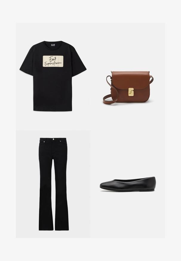 T-shirt de algodão preta com um logótipo retangular em cor creme e texto em estilo manuscrito. Mangas curtas e um corte standard.; Calças pretas de ganga em corte flare, com dois bolsos frontais, fecho com botão e uma textura suave. Costura característica visível nas costuras.; Paul Smith TOPANGA - Sabrinas - black; Bolsa de couro castanho com fecho de aba, decoração em tom dourado, alça de ombro e textura suave. Formato retangular compacto.