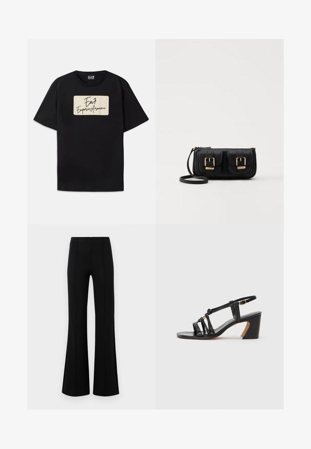 Must musta T-särk, millel on kreemjas värvuses ristkülikukujuline brändi logo käsitsi kirjutatud stiilis tekstiga. Lühikesed varrukad ja standartne lõige.; Mustad põlvpüksid kõrge vöökohaga, valmistatud venivast kangast. Esiküljel on vertikaalsed õmblusdetailid ja sile tekstuur.; Paul Smith AMIRA - Klassikalised kontsakingad - black; Must küllastamata nahast õlakott, millel on kaks esist nähtavat taskut, kuldsed pandlad, tõmblukuga sulgemine ja peen rihm. Tekstuuriga pind ja kompaktne ristkülikukujuline kuju.