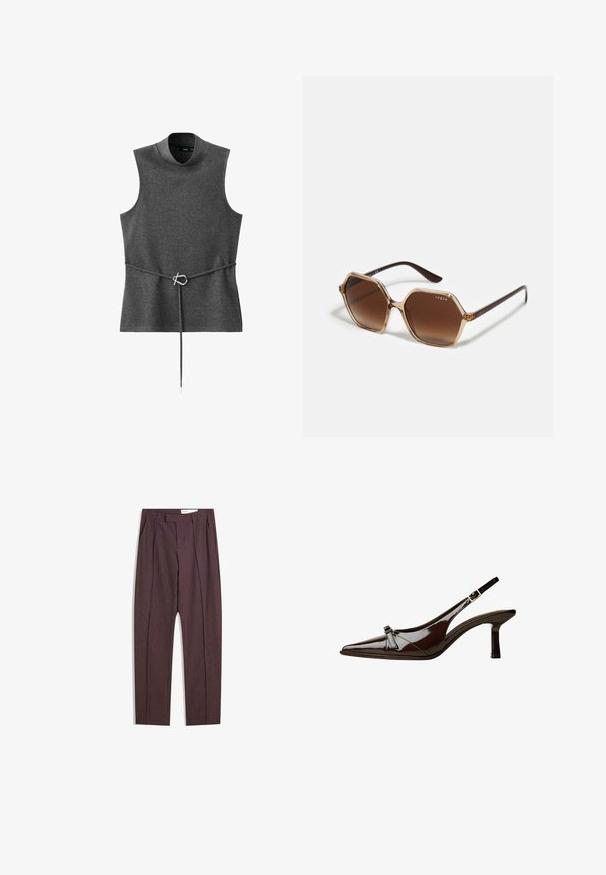 Siva brezrokavnik s visokim ovratnikom, izdelan iz mehkega blaga. Vsebuje pas s srebrom kovinskim sponko. Preprost, strukturiran dizajn.; Vijolične črtaste hlače s pregibi, visokim pasom in ravnim krojem. Narejene iz gladkega, teksturiranega materiala.; Rjave lakirane slingback čevlje z oglatim nosom, nizko peto in dekorativno pentljo na sprednji strani. Gladka, sijoča tekstura.; Heksagonalne sončne očala z rjavimi gradientnimi lečami, prosojnim bež okvirom in temno rjavimi ročaji. Na strani je blagovna znamka "vogue".