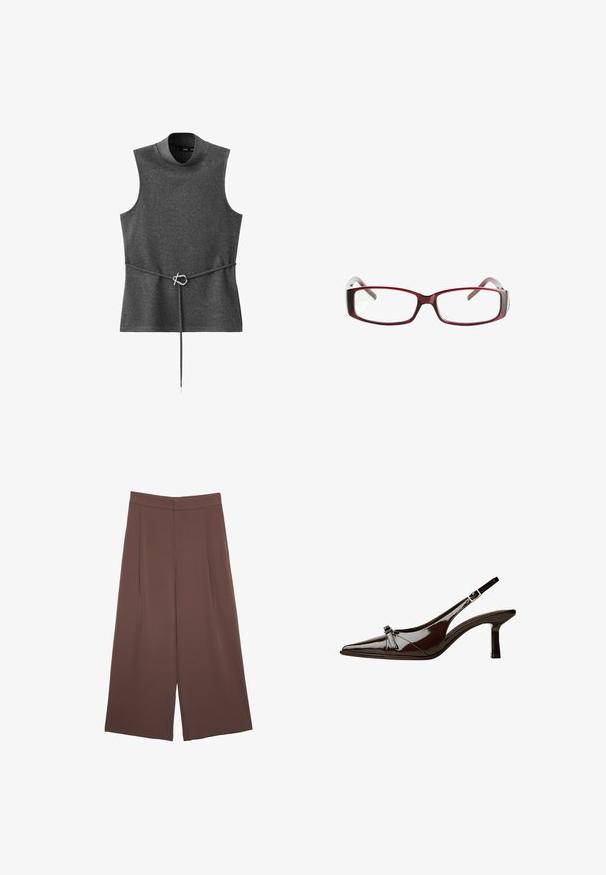 Top grigio senza maniche con collo alto, realizzato in tessuto morbido. Presenta una vita con cintura e una chiusura in metallo argentato. Design semplice e strutturato.; Pantaloni ampi marroni con una texture liscia, caratterizzati da una vita alta e pieghe frontali. Il tessuto è leggero e scorre liberamente.; Scarpa slingback in pelle verniciata marrone con punta appuntita, tacco basso e un accentuato fiocco decorativo nella parte anteriore. Texture liscia e lucente.; Occhiali da sole rettangolari rossi con un design elegante. Lenti chiare, steli leggermente traslucidi e un effetto sfumato dal rosso al grigio.