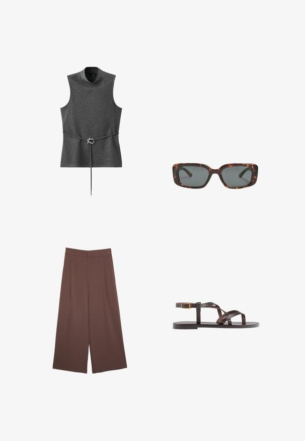 Siva bezrukavna majica s visokim ovratnikom, izrađena od mekane tkanine. Ima pojas s metalnom kopčom u srebrnoj boji. Jednostavan, strukturiran dizajn.; Smeđe hlače širokog kroja s glatkom teksturom, koje imaju visok struk i nabore sprijeda. Tkanina je lagana i slobodno se kreće.; Smeđe kožne sandale s iskrižanim trakama, umetkom za zapešće s kopčanjem i ravnim potplatom s minimalnim detaljima šivanja.; Smešane sunčane naočale s pravokutnim lećama, debelim okvirom i tamnim lećama. Glatka tekstura i minimalistički dizajn.