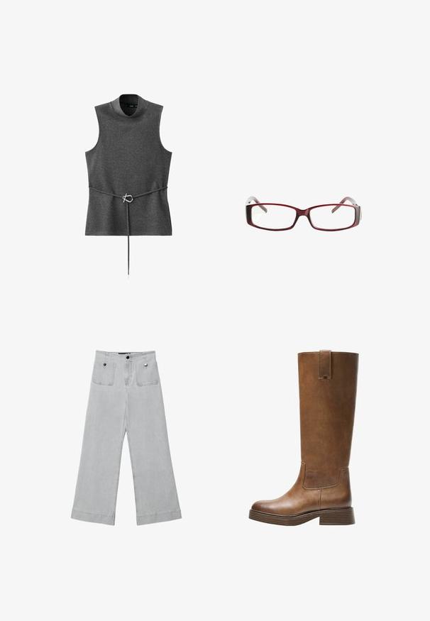 Siva bezrukavna majica s visokim ovratnikom, izrađena od mekane tkanine. Ima pojas s metalnom kopčom u srebrnoj boji. Jednostavan, strukturiran dizajn.; Hlače širokih nogavica u svijetlo sivoj denimu, s dva prednja džepa, metalnim zatvaranjem i čistim završetkom s obrubljenim rubovima.; Smeđe kožne čizme do koljena s zaobljenim nosom, teksturiranom površinom i niskim debljim potplatom. Imaju bočni panel i povlačnu traku na vrhu.; Crvene pravokutne naočale s elegantnim dizajnom. Prozorne leće, blago prozirne drške i gradijentni efekt od crvene do sive.