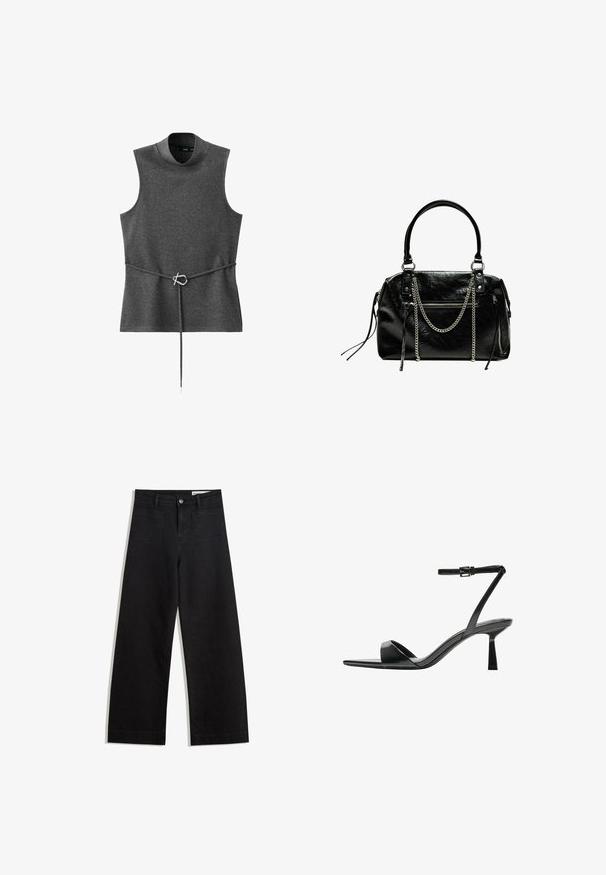 Grijze mouwloze top met een hoge hals, gemaakt van zachte stof. Beschikt over een taille met een riem en een zilveren metalen sluiting. Eenvoudig, gestructureerd ontwerp.; Zwarte denim broek met wijde pijpen en een hoge taille, voorzien van voor- en achterzakken, gestikte naden en een knoopsluiting. Gladde textuur.; Bershka Sandalen met hoge hak - black; Bershka WITH CHAIN - Handtas - black