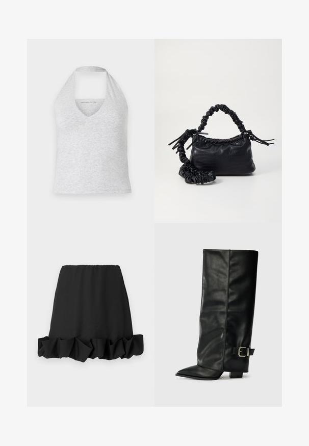 Gray halter top with a deep V-neck, made of soft cotton blend fabric. Features a sleeveless design and a cut-out back for ventilation.; Black skirt with a ruffled hemline, made of lightweight fabric. Features an elastic waistband for a comfortable fit. Simple and versatile design.; Black leather ankle-length boots with a pointed toe, smooth texture, and a silver buckle accent on the side. Chunky square heel.; Black faux leather handbag with a crocodile texture, cinched top, and a scrunched strap. Appears soft and compact in design.