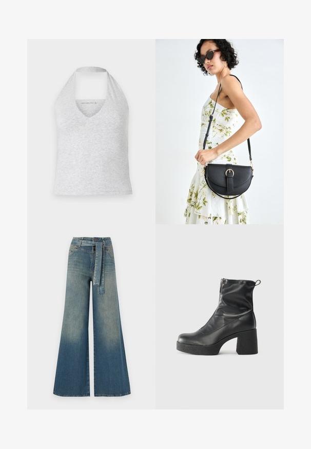 Szara bluzka na halter z głębokim dekoltem w kształcie V, wykonana z miękkiej tkaniny bawełnianej. Posiada bezrękawnikowy krój oraz wycięcie na plecach dla lepszej wentylacji.; Szerokie spodnie dżinsowe z gradientem od jasnoniebieskiego do ciemnoniebieskiego, wysokim stanem, szlufkami na pasek oraz pasującym paskiem z tkaniny. Teksturowany wykończenie dżinsu.; Czarne botki za kostkę wykonane z gładkiej skóry, wyposażone w boczny zamek błyskawiczny, masywny teksturowany obcas oraz zaokrąglony czubek.; Czarna skórzana torebka o zakrzywionym kształcie, z odpinanym paskiem i złotymi akcentami. Torebka posiada klapę z zapięciem w kształcie klamry.