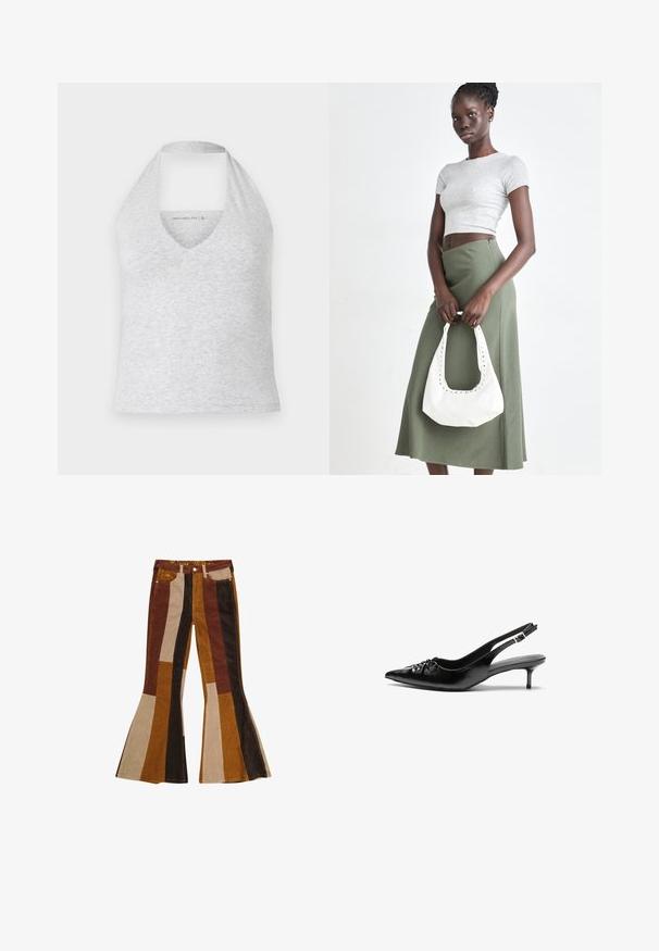 Grå halterneck-top med en dyb V-udskæring, lavet af blødt bomuldsblendsmateriale. Har et ærmeløst design og en udskåret ryg for ventilation.; Fløjlsbukser med flagrende ben, der har vertikale striber i brun, tan og sennep. Mærkværdigt design med høj talje og fem lommer.; Sorte læderslippers med spidse tæer, lille kitten hæl og en dekorativ knude detalje foran. Glat tekstur hele vejen rundt.; Grå ribbet crop top og olivengrøn højhøjdet nederdel. Modellen holder en hvid skuldertaske med udskæringsdetaljer. Enkel design, tætsiddende silhuet.