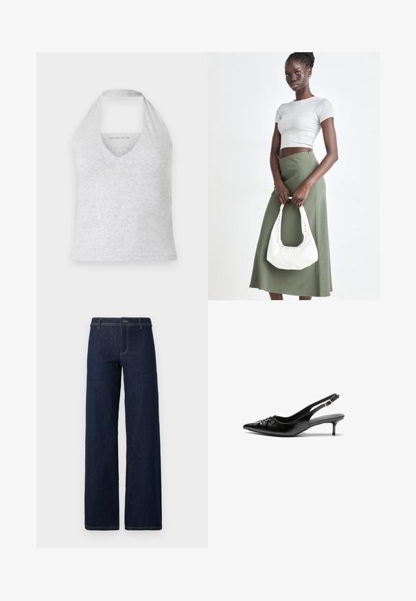 Gray halter top with a deep V-neck, made of soft cotton blend fabric. Features a sleeveless design and a cut-out back for ventilation.; Wide-leg dark wash jeans with a classic five-pocket design, made of denim, featuring gold stitching and a button closure at the waist.; Black leather slingback heels with a pointed toe, small kitten heel, and a decorative knot detail on the front. Smooth texture throughout.; Gray ribbed crop top and olive green high-waisted skirt. Model holds a white shoulder bag with cut-out detailing. Simple design, fitted silhouette.