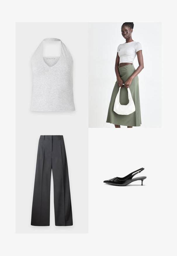 Haut halter gris avec un décolleté en V profond, fabriqué en doux tissu en coton mélangé. Présente un design sans manches et un dos découpé pour une meilleure ventilation.; Pantalons à jambes larges en tissu gris foncé, avec une taille haute, des plis simples et une texture lisse avec une finition soignée aux ourlets.; Des escarpins en cuir noir à talon slingback, avec un bout pointu, un petit talon kitten et un détail de nœud décoratif à l'avant. Texture lisse sur toute la surface.; Top court rayé gris et jupe taille haute verte olive. Le mannequin tient un sac à bandoulière blanc avec des découpes. Design simple, silhouette ajustée.