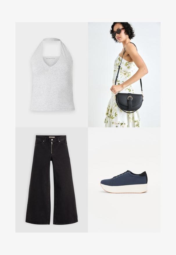 Top halter gri cu decolteu adânc în V, realizat dintr-un amestec de bumbac moale. Dispune de un design fără mâneci și un spate decupat pentru ventilație.; Jeans cu picioare largi din denim negru, cu fermoar în față, design cu cinci buzunare și detalii subtile de cusătură. Textură netedă și stil casual.; Sneaker albastru închis, cu un material texturat pe partea superioară, talpă platformă albă, vârf rotunjit și accent de călcâi negru. Dispune de șase găuri pentru șireturi.; Geantă din piele neagră, cu o formă curbată, curea detașabilă și accesorii aurii. Geanta are un capac cu un detaliu tip cataramă.