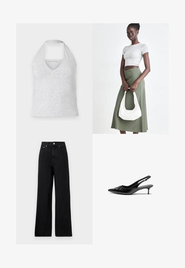 Pilkas halterio stilius su gilia V iškirpte, pagamintas iš švelnaus medvilnės mišinio. Turi be rankovių dizainą ir išpjovą nugaroje, leidžiančią praleisti orą.; Aukštai liemeni juodos džinsinės kelnės su plačiais kojų kirpimais, turinčios penkias kišenes ir sidabrinės spalvos detales. Bendras paviršius lygus.; Juodos odinės slingback aukštakulniai su smailiu nosiu, mažais katės kulnais ir dekoratyvine mazgo detale priekyje. Visas paviršius lygus.; Pilka juostuota trumpa palaidinė ir alyvuogių žalios spalvos aukšto liemens sijonas. Modelis laiko baltą petį krepšį su išpjovomis. Paprastas dizainas, prigludusi siluetas.