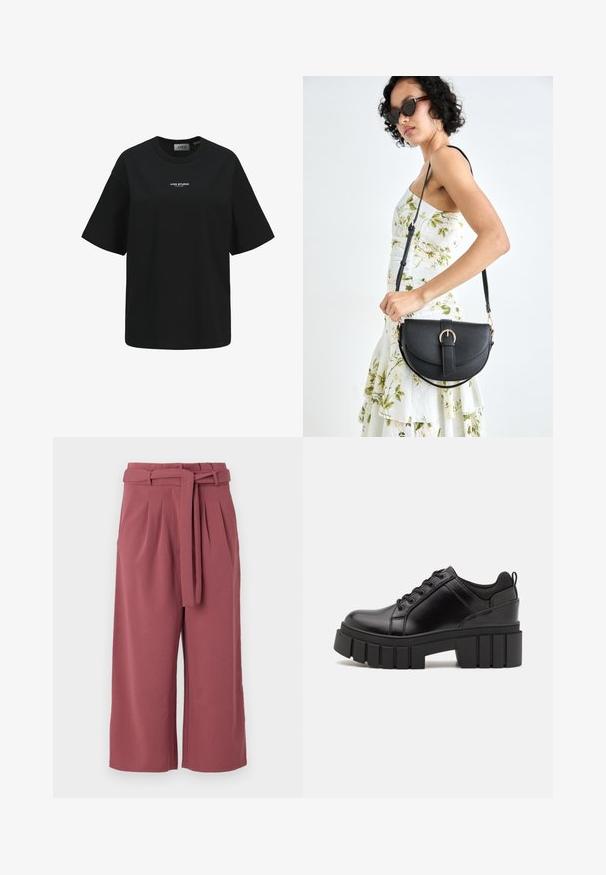 Juoda medvilnė marškinėliai su laisvu siluetu, apvali iškirptė, trumpomis rankovėmis ir baltu "JJXX STUDIO" logotipu ant krūtinės.; Tamsiai raudonos plataus kirpimo kelnės, pagamintos iš lengvos medžiagos, su juosmeniu ir diržu, turinčios priekinėmis klostėmis ir švelniu tekstūru.; Juodi odiniai platformos batai su masyviu blokuota kulniuku, apvalia nosimi ir tradiciniu šnypštimo dizainu. Turintys glotnų paviršių ir minimalų dekoravimą.; Juodas odinis krepšys su išlenkta forma, nuimamu dirželiu ir auksiniais detalėmis. Krepšys turi kilpą su sagtimi.