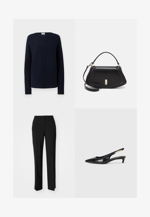 Navy blue sweater made of knit fabric. Features a round neckline and long sleeves with a loose, straight-cut design. Soft texture.; Black tailored trousers with a straight-leg design, featuring a smooth texture and crisp creases along the front. No visible hardware.; Black leather slingback heels with a pointed toe, featuring a slim heel and a gold-tone accent on the adjustable strap. Smooth texture.; Black leather handbag with a structured design, featuring a cropped shape, top handle, and gold hardware accent. Adjustable shoulder strap included.