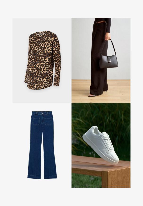 Leopárdmintás, hosszú ujjú felső, laza szabással, kerek nyakkivágással és puha anyaggal, világos háttérrel és barnás-fekete foltokkal.; Sötét kék, sima textúrájú, bővülő farmernadrág, öt zsebbel és gombos derékkal.; Fehér sportcipő sima szintetikus felsőrésszel, perforált lábujjrész, lapos fűzőkkel és texturált talppal, fából készült felületen kihelyezve.; Fekete kézi táska strukturált formával, sima textúrával és fémből készült záródással. Széles fekete nadrággal és nyitott orrú szandállal párosítva, fából készült padlón.