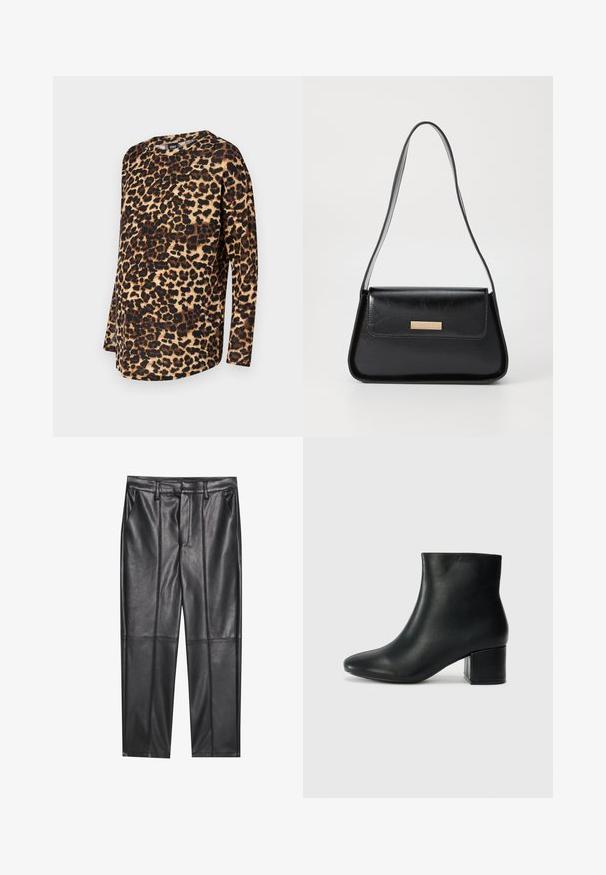 Leopardimustriga pikkade varrukatega topp, millel on lõdvaistuv sobivus, ümar kaelus ja pehme kangas, millel on pruunid ja mustad laigud heledal taustal.; Mustad nahkpüksid sileda tekstuuriga, sirge lõikega, kahe eesmine taskuga ja nähtavate õmblusteta.; Mustad nahast pahkluu saapad terava varbaga ja jämeda kandaga. Sile tekstuur minimaalse aktsentidega ja stiilne, lihvitud disain.; Must mustrist nahkist kott, millel on struktureeritud kolmnurkne kuju, peen rihm ja kuldset tooni detailid, millel on logoplaat eesmisel klapil.