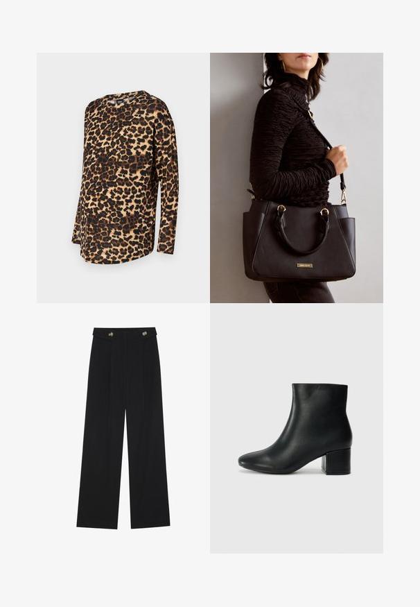 Top de manga longa com padrão de leopardo, apresentando um corte relaxado, decote redondo e tecido suave com manchas castanhas e pretas sobre um fundo claro.; Calças largas pretas com cintura alta, detalhes em botão na cintura e pregas frontais.; Botas de tornozelo em pele preta com bico pontiagudo e um salto robusto. Textura suave com acentos mínimos e um design ajustado e elegante.; Bolsa preta com superfície texturizada, alças superiores duplas e alça de ombro ajustável. Apresenta ferragens em tom dourado e bolsos laterais.