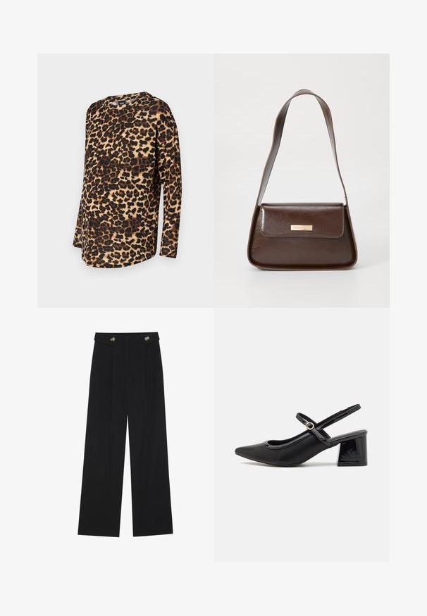 Langermet topp med leopardmønster, som har en avslappet passform, rund halsutskjæring, og mykt stoff med brune og svarte flekker på en lys bakgrunn.; Svart vide bukser med høy midje, knappdetaljer på midjebåndet og frontplisser.; Sorte lakk lær slingback hæler med spiss tå, et avrundet utskjæringsdesign og blokkheel. Har en gulltone spenne som detalj.; Brun lærveske med en strukturert form, med en magnetisk klaffelukking og en metallisk logoaksel på forsiden.