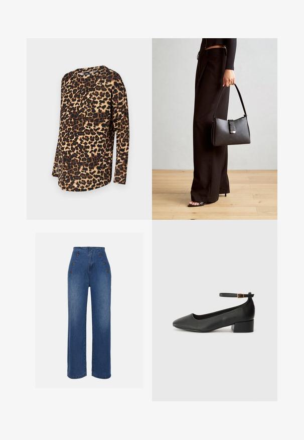 Tričko s dlhým rukávom s leopardím vzorom, ktoré má voľný strih, zaoblený výstrih a mäkkú látku s hnedými a čiernymi škvrnami na svetlom pozadí.; Džíny s vysokým pásom v strednej modrej farbe. Obsahujú predné gombíkové detaily a široký strih nohavíc. Látka má hladkú štruktúru s miernym vyblednutím.; Čierne kožené lodičky s špicatou špičkou a nízkym blokovým podpätkom. Obsahuje remienok okolo členka so zlatým prackou. Hladký povrch.; Čierna kabelka so štruktúrovaným tvarom, hladkou textúrou a kovovou sponou. V kombinácii so širokými čiernymi nohavicami a sandálmi s otvorenou špičkou na drevenej podlahe.