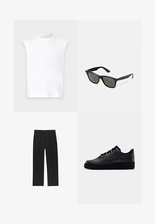 Hvid ærmeløs top med høj halsudskæring, glat bomuldsstof, en forlænget form og et rent, minimalistisk design.; Sorte bukser med lige ben, lavet af et glat stof. Har frontfolder og en enkelt knaplukning i taljen.; Sort Nike Air Force 1 sneaker med en glat læderoverdel, perforeret tå for åndbarhed, sorte snørebånd og en textured gummisål.; Sorte plastiksolkaber med grønne linser, firkantede stel, sølvaccent på brynene og teksturerede templede arme. Angivet mærke på den indre arm.