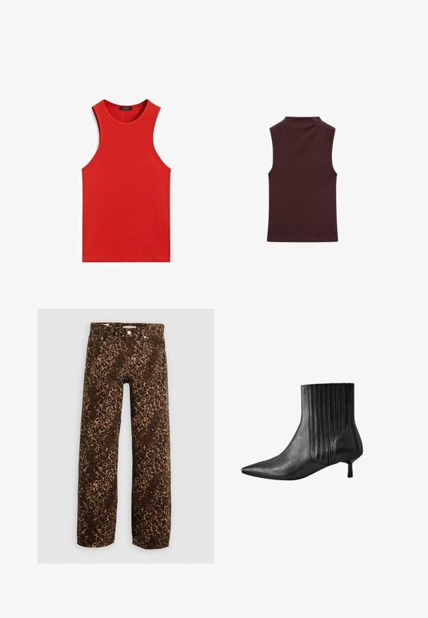 Rotes geripptes Tanktop mit rundem Ausschnitt und ärmellosem Design. Glatte Textur und figurbetonte Form, ohne zusätzliche Muster oder Akzente.; Ärmelloses Oberteil in tiefburgunder, aus weichem, dehnbarem Material gefertigt. Verfügt über einen hohen Halsausschnitt und ein tailliertes Design mit sauberen, fertigen Kanten.; Leopardenmusterweite Beinhosen in Braun und Beige. Hergestellt aus Denim, mit einem klassischen Fünf-Taschen-Design und Metallbeschlägen.; Schwarze Leder-Stiefelette mit einer spitzen Zehenform, geribbeltem Seitendesign und einem niedrigen, quadratischen Absatz. Glatte Textur mit glänzendem Finish.