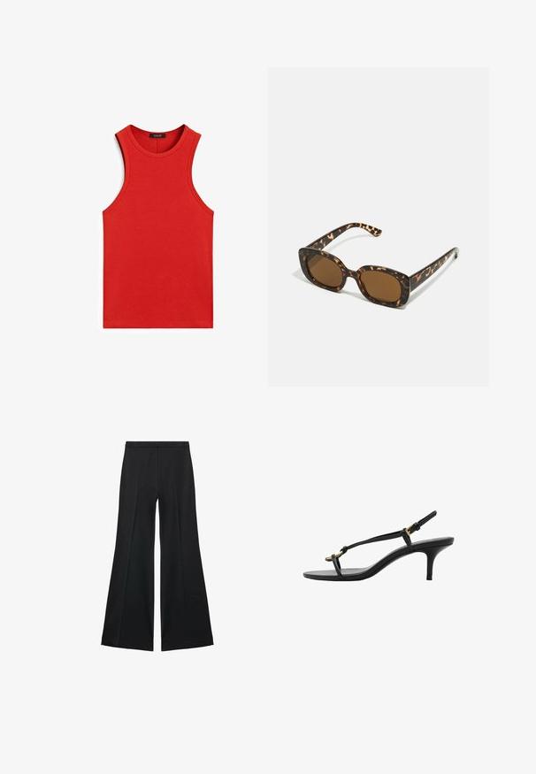 Red ribbed tank top with a round neckline and sleeveless design. Smooth texture and fitted shape, featuring no additional patterns or accents.; Black wide-leg pants with a smooth texture, featuring front pleats and a tailored design. The fabric is lightweight and flowy.; Black leather kitten heel sandal with thin straps, gold buckle, and minimalist toe loop on a white background.; Tortoiseshell sunglasses with a rounded, chunky frame and brown lenses. Features subtle patterns and straight, tapered arms.