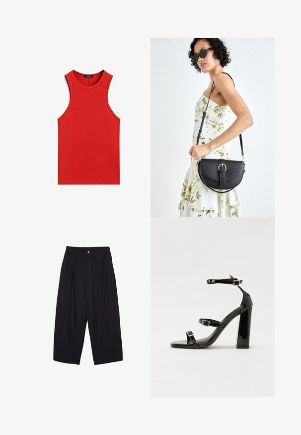 Rotes geripptes Tanktop mit rundem Ausschnitt und ärmellosem Design. Glatte Textur und figurbetonte Form, ohne zusätzliche Muster oder Akzente.; Schwarze Polyester-Culotte mit einem elastischen Bund, zwei vorderen Falten und einer lockeren Silhouette. Keine sichtbaren Muster oder Hardware-Details.; Schwarze patentierte Sandalen mit Absatz, quadratischer Spitze, Knöchelriemen und silbernen Schnallen. Mit einem stabilen Blockabsatz für mehr Stabilität.; Schwarze Lederhandtasche mit geschwungener Form, abnehmbarem Tragegurt und goldenen Beschlägen. Die Tasche verfügt über einen Deckel mit einer Schnallen-Details.