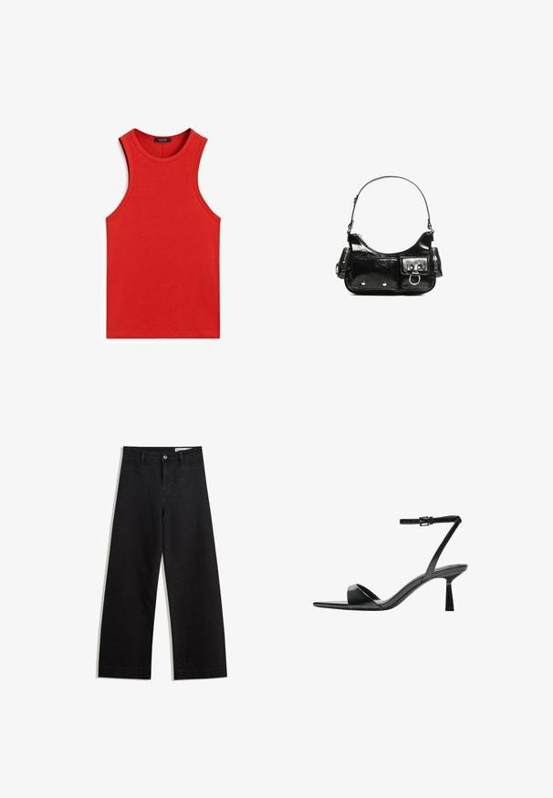 Top in cotone rosso a coste con scollo rotondo e senza maniche. Tessuto liscio e forma aderente, privo di ulteriori pattern o dettagli.; Pantaloni in denim neri a gamba larga con vita alta, dotati di tasche anteriori e posteriori, cuciture a punto, e chiusura con bottone. Texture liscia.; Bershka Sandali con tacco - black; Borsa a spalla in vernice nera con forma curvata, una tracolla, tasche frontali e dettagli in metallo argentato.