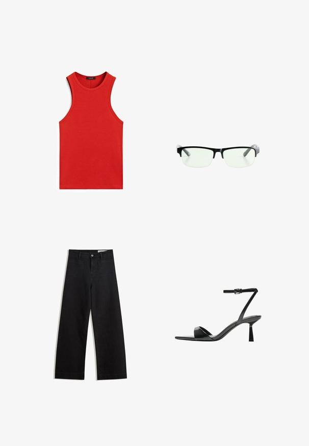 Top in cotone rosso a coste con scollo rotondo e senza maniche. Tessuto liscio e forma aderente, privo di ulteriori pattern o dettagli.; Pantaloni in denim neri a gamba larga con vita alta, dotati di tasche anteriori e posteriori, cuciture a punto, e chiusura con bottone. Texture liscia.; Bershka Sandali con tacco - black; Occhiali da vista rettangolari neri con lenti trasparenti, dotati di montatura nera elegante e punte delle tempie grigie trasparenti. Design minimalista, senza marchi visibili.; Borsa a tracolla in pelle marrone con forma curvata, hardware dorato e un dettaglio con fibbia. Presenta una tracolla rimovibile.