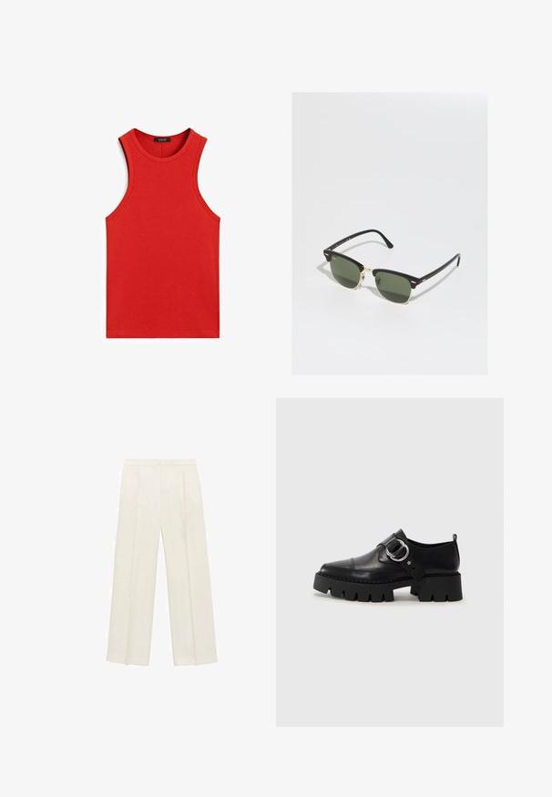 Czerwony, prążkowany top na ramiączkach z okrągłym dekoltem i bez rękawów. Gładka tekstura i dopasowany krój, bez dodatkowych wzorów czy akcentów.; Spodnie o szerokich nogawkach w jasnym kolorze kremowym. Wykonane z gładkiego materiału, z plisami z przodu i bocznymi kieszeniami.; Czarne skórzane buty z masywną, żebrowaną podeszwą, z okrągłym akcentem ze srebrnego metalu i minimalnymi detalami szwów.; Czarno-złote okulary przeciwsłoneczne z zielonymi soczewkami w kształcie kocich oczu, z metalowymi akcentami i teksturowaną oprawką.