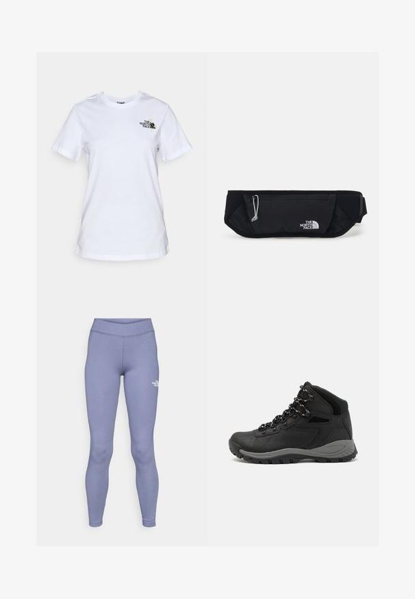 Hvid bomulds T-shirt med korte ærmer, som har et lille sort logo på venstre brystområde. Klassisk crew neckline og afslappet pasform.; Blå atletiske leggings lavet af blødt, strækbart stof. Har en høj talje og et lille hvidt logo på venstre lår.; Sort vandrestøvle med en mellem-højde design, der har en tekstureret overdel, grå detaljer og en holdbar gummisål med skridsikre klodser.; The North Face SUNRISER RUN BELT UNISEX - Bæltetasker - black/white