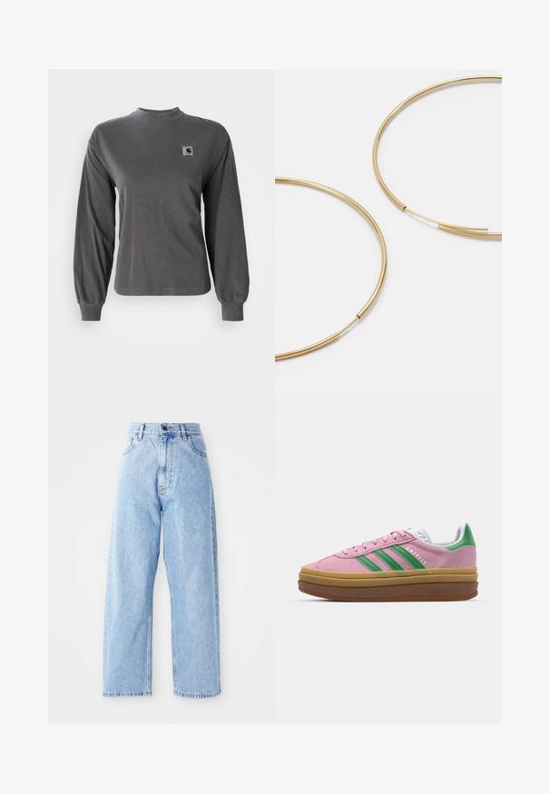 Langärmliges graues T-Shirt aus Baumwolle, mit rundem Ausschnitt und elastischen Bündchen, mit einem kleinen quadratischen Logo auf der Brust.; Hoch-taillierte hellblaue Jeans mit geraden, weiten Beinen, vorderem Knopf, Reißverschluss und Front- sowie Gesäßtaschen.; Rosa Wildledersneaker mit grünen Streifen, weißen Akzenten und einer braunen Gummisohle. Verfügt über strukturierten Stoff und Logodetails an der Seite.; Goldfarbene Ohrringe in Form von dünnen, runden Kreolen, mit einer glatten, metallischen Oberfläche und ohne Verzierungen oder Muster.