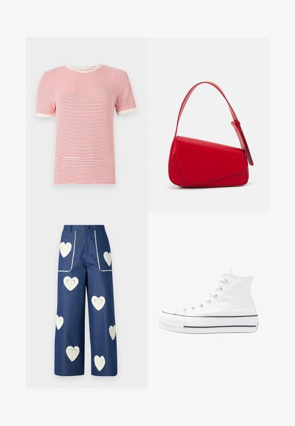 Punane ja valge triibuline T-särk, lühikesed varrukad, ümmargune kaelus, puuvilla segu materjal, kerge tekstuur, kontrastsetest soonikservadest.; Sister Jane HEART TO HEART - Sirgete säärtega teksad - blue denim; Valge kõrgem kangast tenniseking, millel on must kummist tald, ees kummist varvasetugi ja kuus aukku paelte jaoks, pakkudes puhta ja minimalistliku disaini.; Punane nahast käekott, millel on nurkadega geomeetriline disain. Omab ühte reguleeritavat rihma ja klappidega sulgemist, millel on õmblustega kaunistused.
