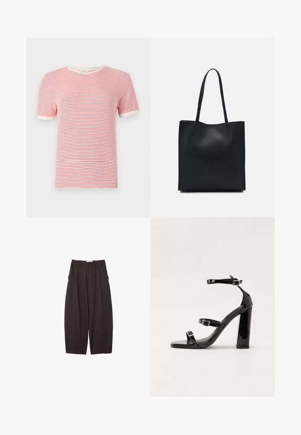 Červené a biele pruhované tričko s krátkymi rukávmi, okrúhlym výstrihom, z materiálu z bavlnenej zmesi, s ľahkou textúrou a kontrastnými rebrovanými okrajmi.; Čierne široké nohavice vyrobené z hladkej tkaniny, s vysokým pásom, prednými skladmi a bočnými vreckami. Jednoduchý dizajn bez ozdôb.; Čierne lakované sandále na podpätku so štvorcovou špičkou, navlečenými remienkami okolo členku a striebornými prackami. Disponujú masívnym blokovým podpätkom pre stabilitu.; Čierna kožená taška na rameno s hladkým povrchom, obdĺžnikovým tvarom a dvoma dlhými uchami. Bez viditeľného kovania alebo ozdôb.