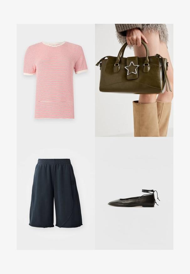 Sarkana un balta svītraina T-krekls, īsas piedurknes, noapaļota kakla izgriezuma, kokvilnas maisījuma materiāls, viegla tekstūra, kontrastējoši ribotas malas.; Melnas sporta šorti, kas izgatavoti no mīkstas auduma, ar elastīgu jostu un logotipa uzšuvumu sānos. Gluda tekstūra ar brīvu piegriezumu.; Melnas ādas baleta kurpes ar smailu purngalu, potītes saitēm un plakanu zoli, kas izceļas ar gludu tekstūru un minimālistisku dizainu.; Olive zaļš mākslīgās ādas rokassomu ar sudraba zvaigznes akcentu, divām rokturiem un rāvējslēdzēja aizdari. Strukturēta forma un teksturēta virsma.