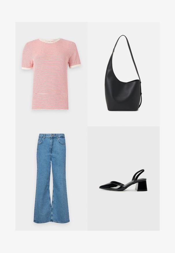 Piros-fehér csíkos póló, rövid ujjú, kerek nyakú, pamut keverék anyag, könnyű textúra, kontrasztos bordázott szélek.; Világoskék, trapézszárú farmernadrág, magas derékkal, öt zsebbel és egy gombos záródással. Puha tapintású, magasított effektusú anyag.; Fekete lakk bőr szandálkés magas sarkú cipő, hegyes orral és geometrikus tömbsarkakkal. Karcsú, minimalista dizájn és sima textúra jellemzi.; Fekete bőr hobo táska sima textúrával, ívelt formával és egyetlen állítható pánttal; széles nyílás található a tetején.