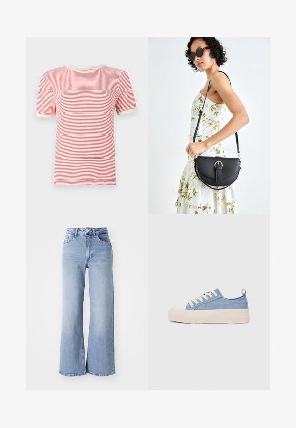 Crvena i bijela prugasta majica, kratki rukavi, okrugli izrez, materijal od mješavine pamuka, lagana tekstura, kontrastni rebrasti rubovi.; Svijetloplave traperice visokog struka širokih nogavica s prednjim i stražnjim džepovima, kopčanjem na gumbi i suptilnim izblijedjenjem na bedrima i rubovima.; Svijetloplave platnene tenisice s kremastim gumenim vrhom i potplatom, koje imaju bijele vezice i petnu traku.; Crna kožna torba s lukovitim oblikom, odvojivim remenom i zlatnim detaljima. Torba ima preklop s kopčom.